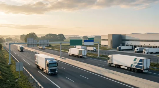 Photographie éditoriale montrant des camions de fret moderne sur une autoroute française avec des éléments visuels évoquant la réduction des émissions