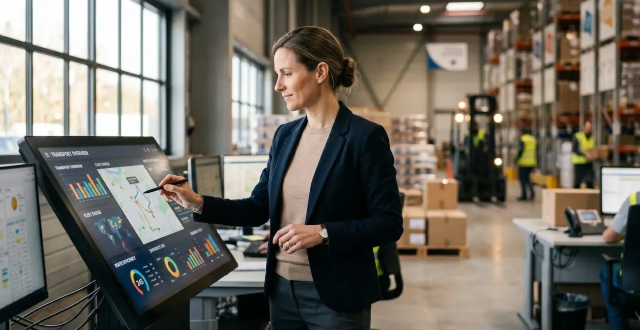 Professionnel de la logistique supervisant des opérations de transport dans un environnement moderne et collaboratif