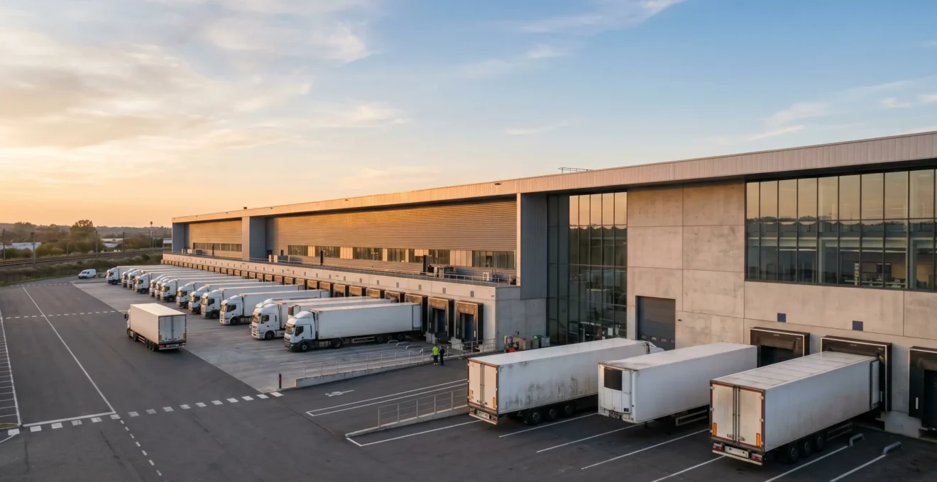 Entrepôt logistique moderne avec quais de chargement et camions de transport en France