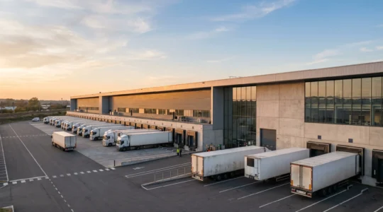 Entrepôt logistique moderne avec quais de chargement et camions de transport en France
