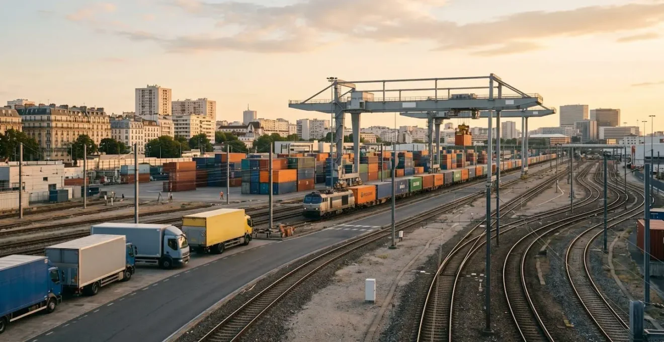 Terminal de transport combiné rail-route avec conteneurs et camions en zone urbaine française