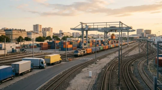 Terminal de transport combiné rail-route avec conteneurs et camions en zone urbaine française