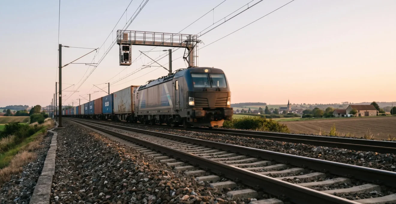 Train de marchandises traversant un paysage ferroviaire français avec conteneurs maritimes
