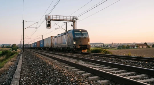 Train de marchandises traversant un paysage ferroviaire français avec conteneurs maritimes