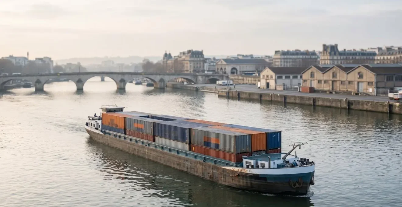 Barge fluviale transportant des conteneurs sur la Seine dans un environnement urbain français
