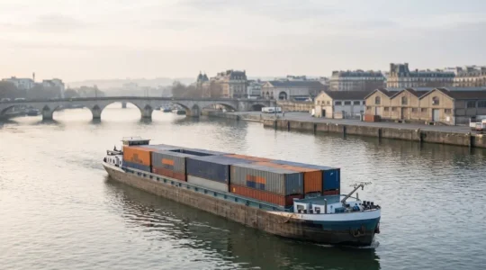 Barge fluviale transportant des conteneurs sur la Seine dans un environnement urbain français