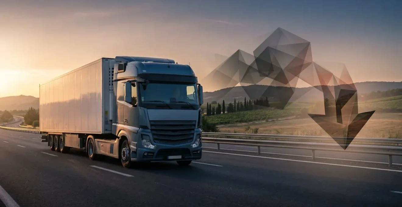Vue éditoriale d'un camion de transport de marchandises sur route française avec éléments financiers symboliques