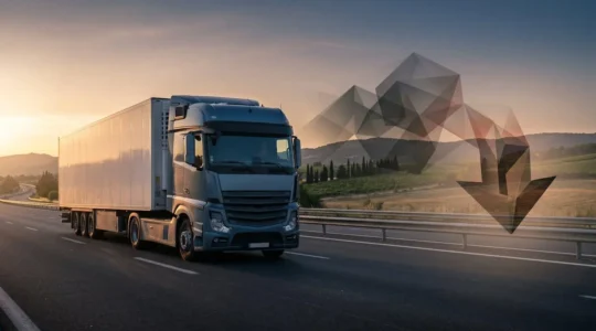 Vue éditoriale d'un camion de transport de marchandises sur route française avec éléments financiers symboliques
