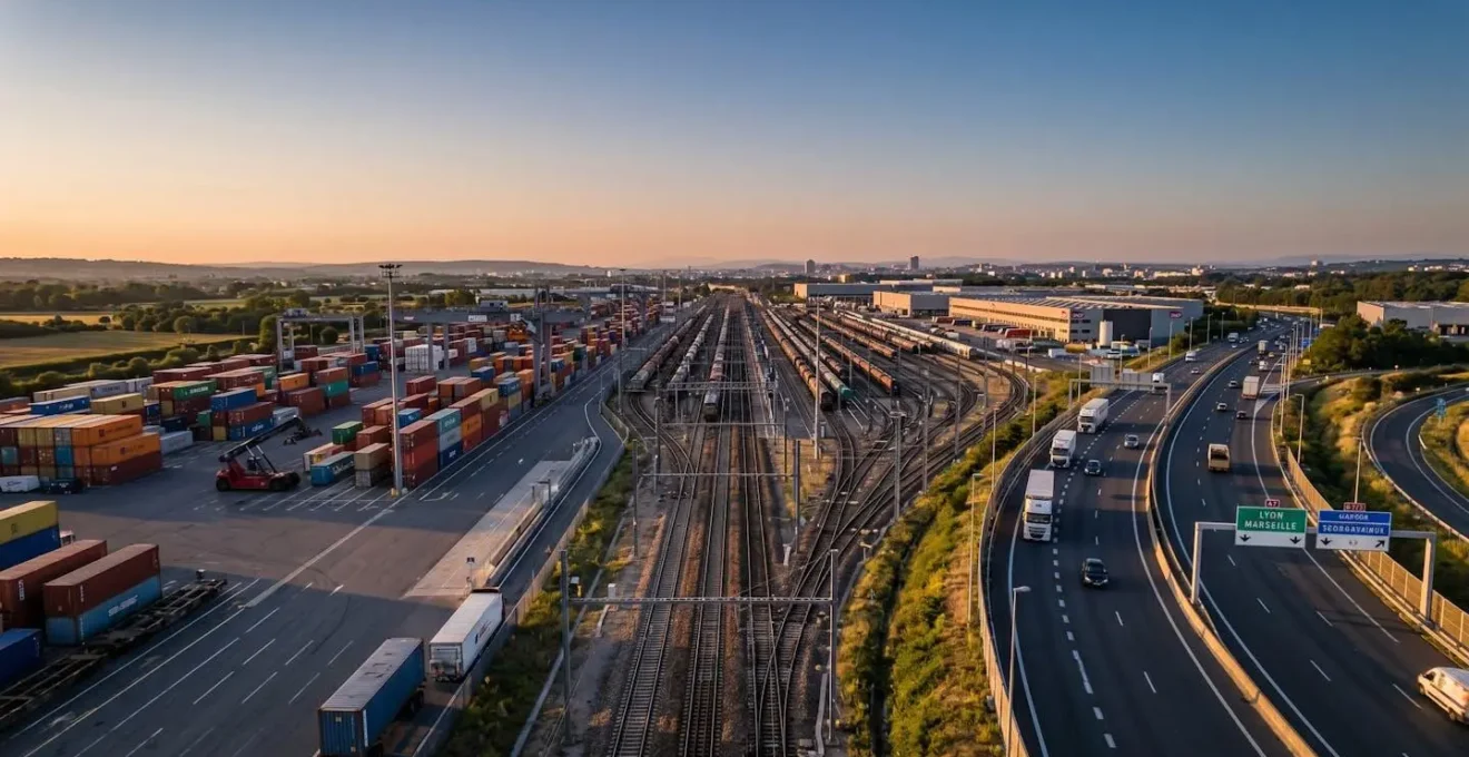 Vue aérienne d'une infrastructure logistique multimodale avec voies ferrées, route et zone de chargement de conteneurs