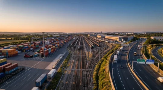 Vue aérienne d'une infrastructure logistique multimodale avec voies ferrées, route et zone de chargement de conteneurs