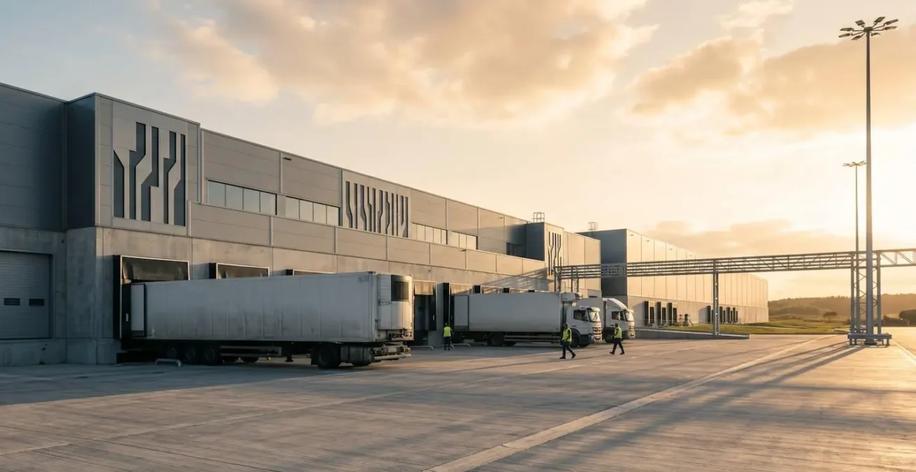 Vue d'ensemble d'un centre logistique moderne avec camions frigorifiques et équipements spécialisés pour le transport sous température contrôlée