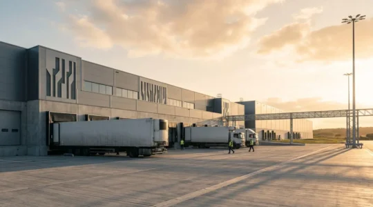 Vue d'ensemble d'un centre logistique moderne avec camions frigorifiques et équipements spécialisés pour le transport sous température contrôlée