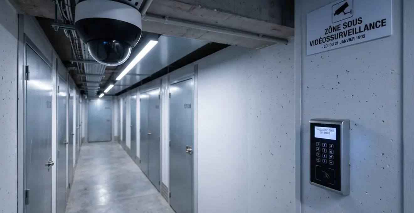 Caméra de surveillance dôme au plafond et panneau de contrôle d'accès à code dans un couloir de centre de stockage sécurisé