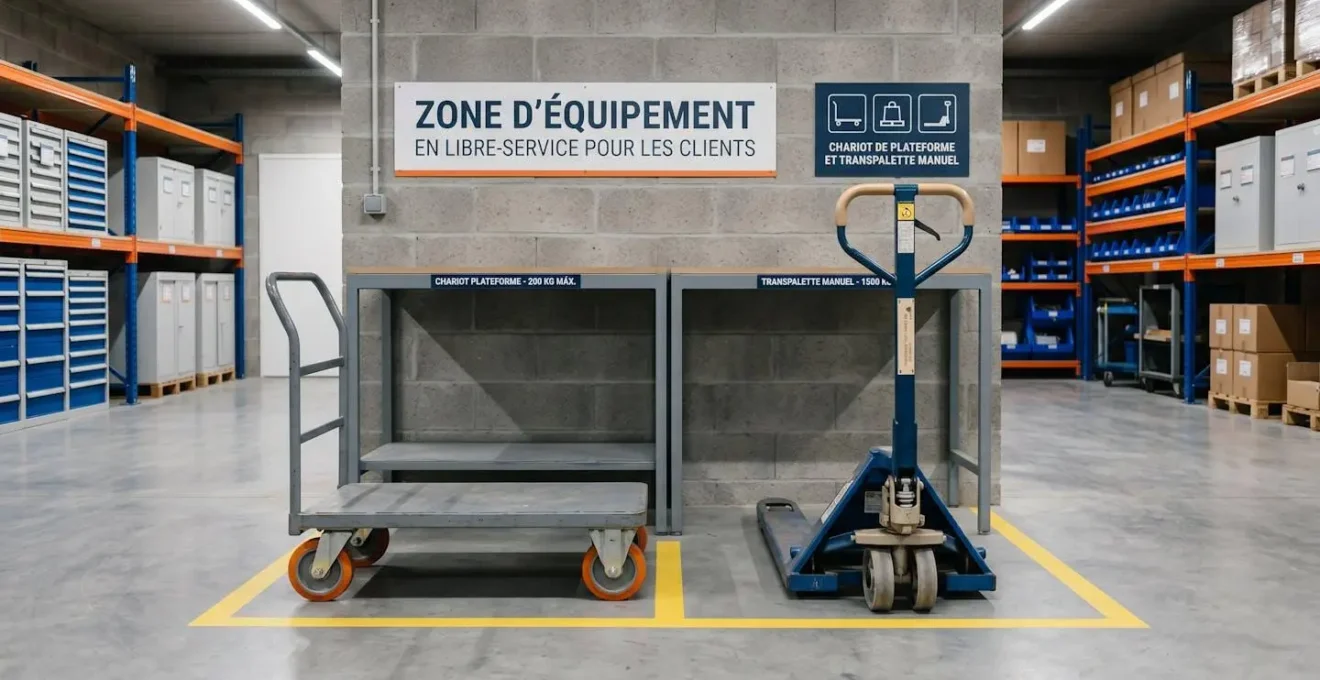 Chariot de manutention et transpalette mis à disposition gratuitement dans l'espace équipement d'un centre de stockage