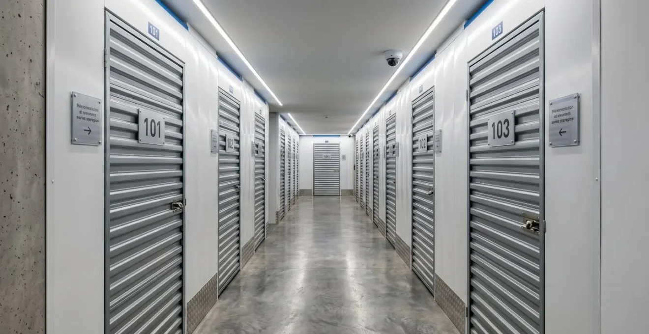 Couloir intérieur d'un centre de self-stockage moderne avec boxes métalliques alignés, éclairage LED professionnel et caméra de surveillance au plafond