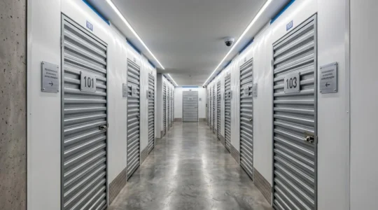 Couloir intérieur d'un centre de self-stockage moderne avec boxes métalliques alignés, éclairage LED professionnel et caméra de surveillance au plafond