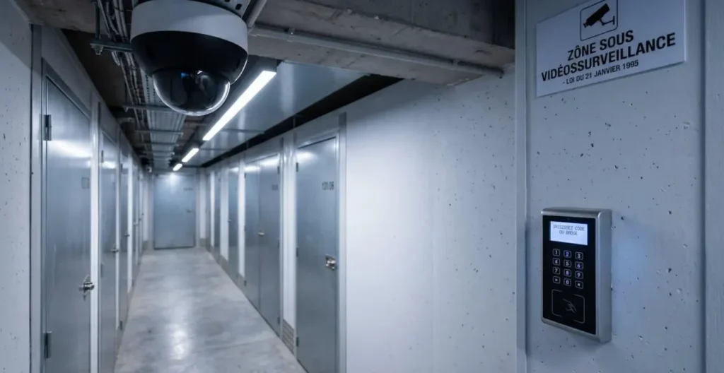 Caméra de surveillance dôme au plafond et panneau de contrôle d'accès à code dans un couloir de centre de stockage sécurisé Caméra de surveillance dôme au plafond et panneau de contrôle d'accès à code dans un couloir de centre de stockage sécurisé